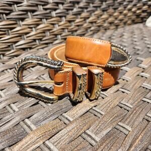 Vintage Brighton 100% Leather Belt Large 36in Brown Tan Distressed Made in USA